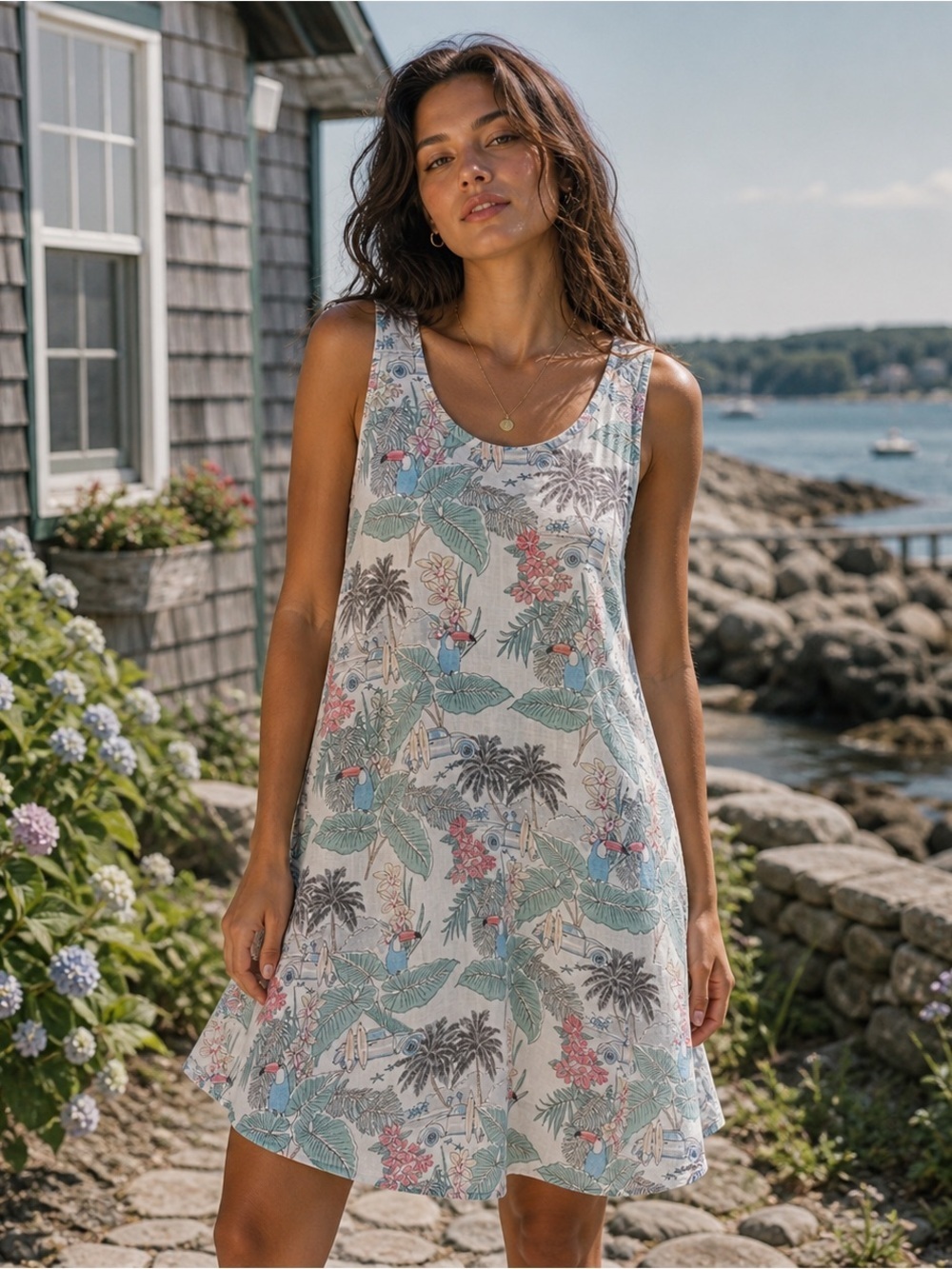 C&C California 100% Linen Sleeveless‎ Dress Tropical Palm Floral Toucan Sz XS